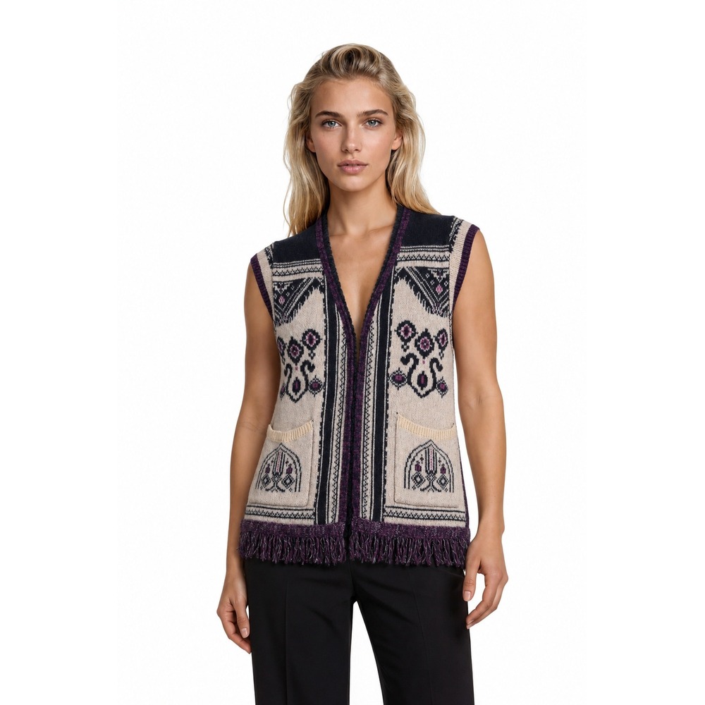 Angel of the North Cardigan Sweater Vest Women's Size M/L Purple Intarsia Fringe